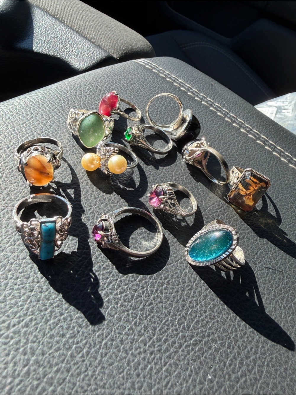 Silver Multi-Stone Women’s Ring Set - Turquoise, Amber, Green, Pink, Blue
